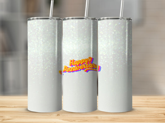 Glittery white tumbler with "Happy Anniversary" in colorful text.
