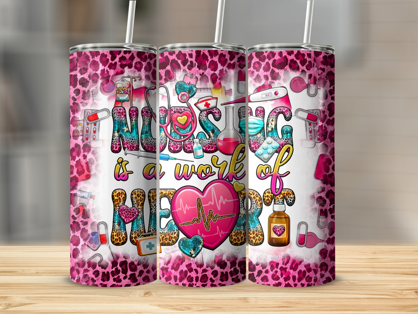 Tumbler with pink leopard print and nursing-themed graphics.