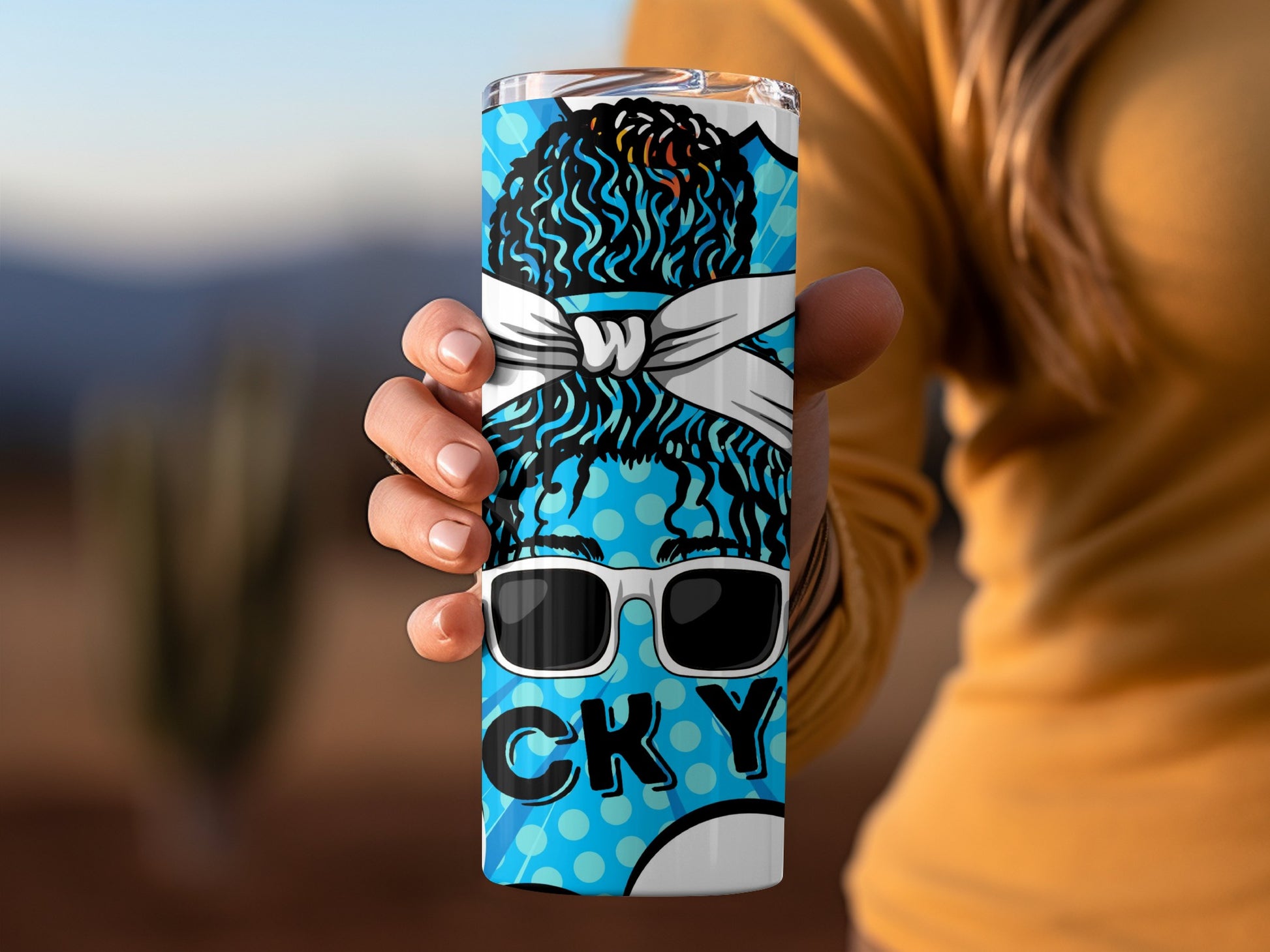 Trendy Blue Hair Bun and Sunglasses Skinny Tumbler