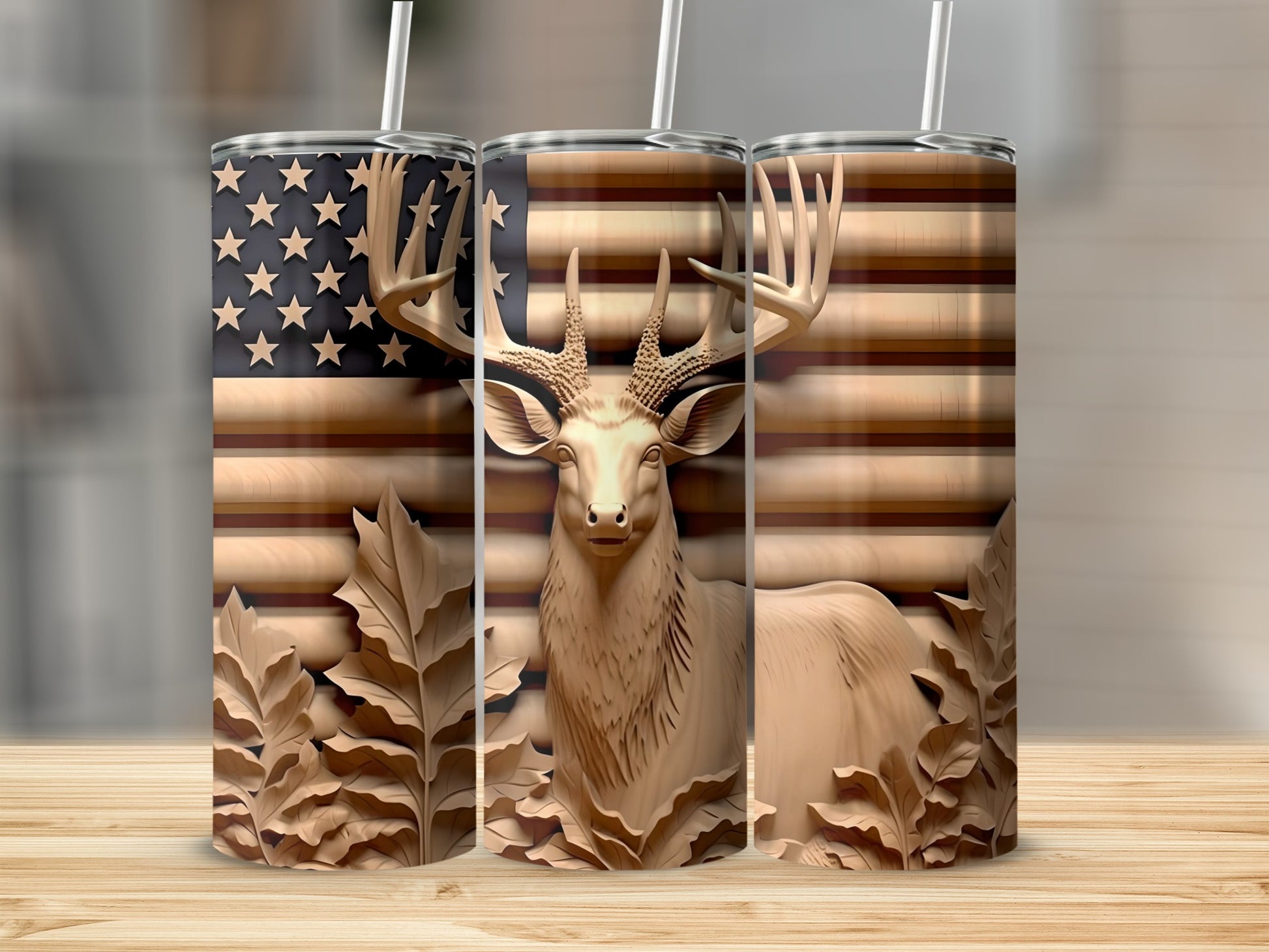 Patriotic Deer Nature-Themed Tumbler with American Flag