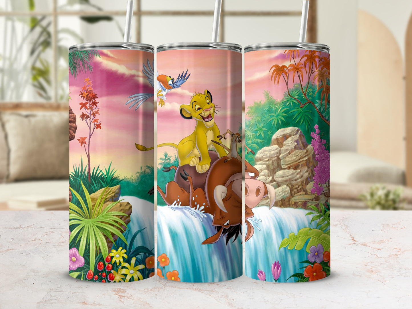 The Lion King characters Simba, Timon, and Pumbaa enjoying a waterfall.