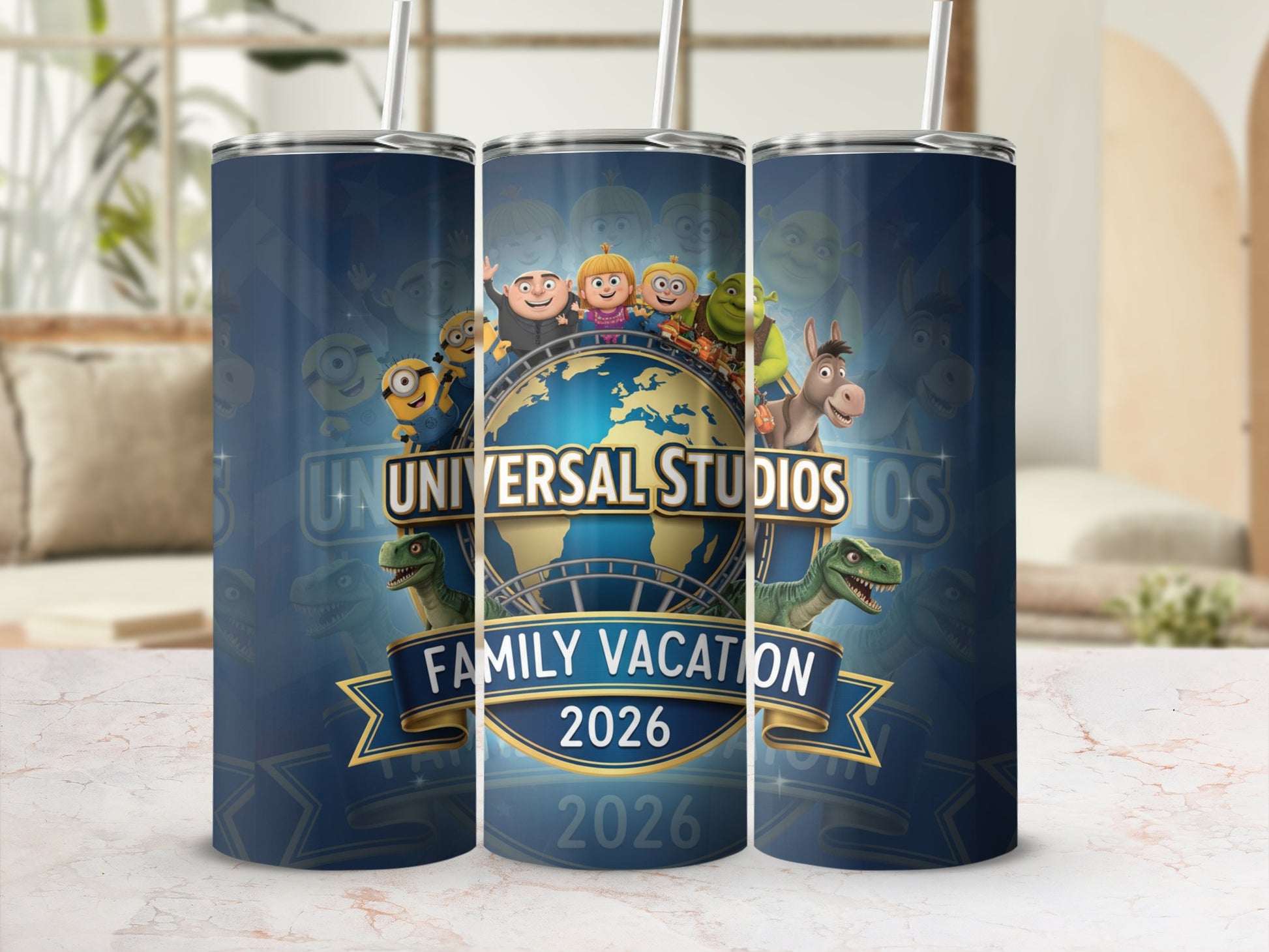 Universal Studios Family Vacation 2026 tumbler with Shrek, Minions, and Donkey.
