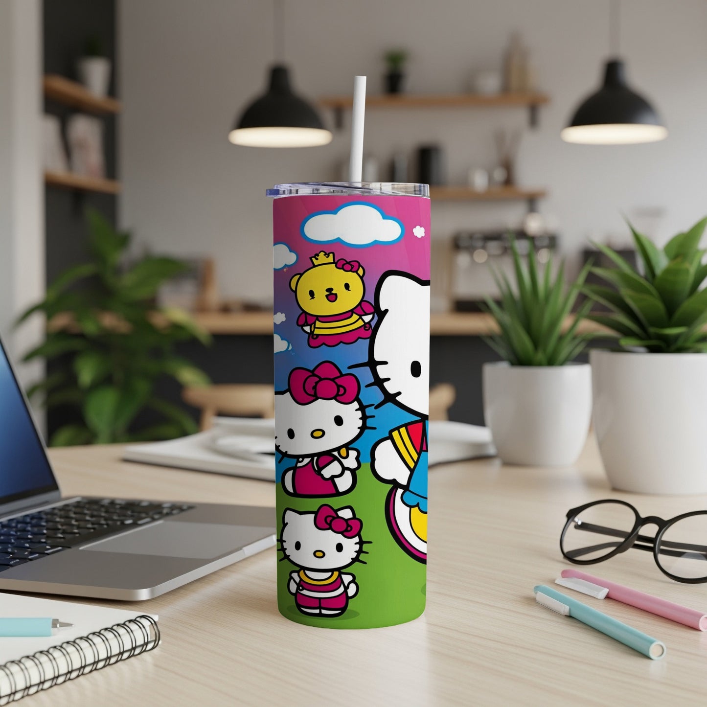 Hello Kitty characters on a colorful tumbler with a white straw.
