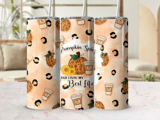 Tumbler with pumpkin spice and leopard print design.