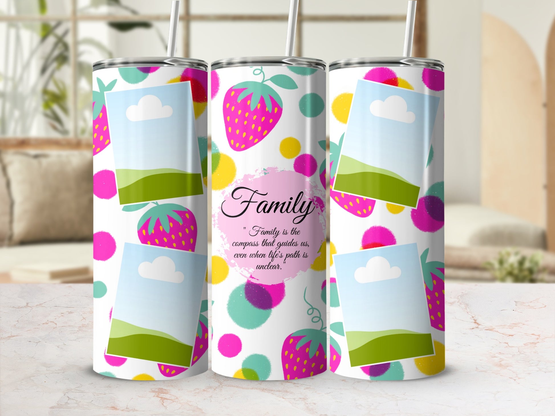 Tumbler with strawberries, polka dots, photo frames, and "Family" quote.