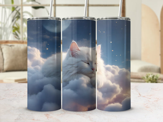 Fluffy white cat sleeping peacefully on clouds with moon and stars.