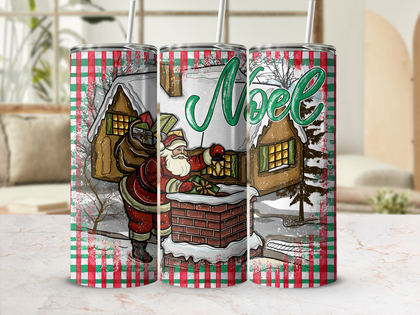 Santa Claus climbing down a chimney with a sack of gifts, "Noel" text.
