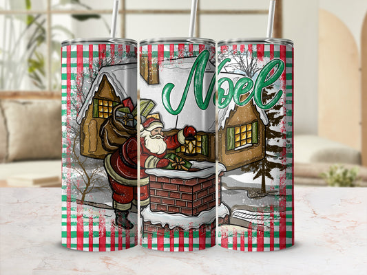 Santa Claus climbing down a chimney with a sack of gifts, "Noel" text.