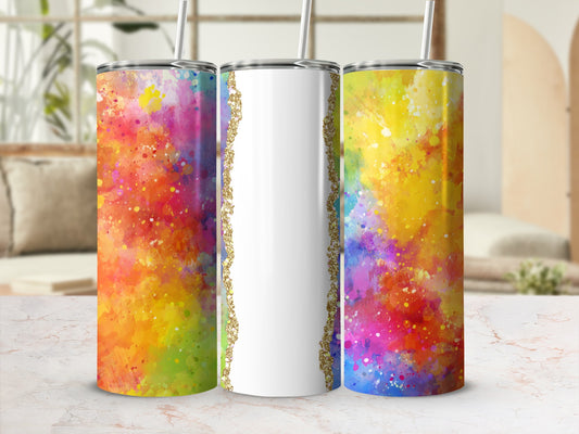 Three tumblers with colorful abstract paint splatters and a gold glitter border.