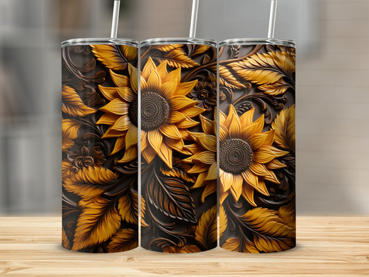 Three tumblers with a raised sunflower and leaf pattern on a wooden surface.