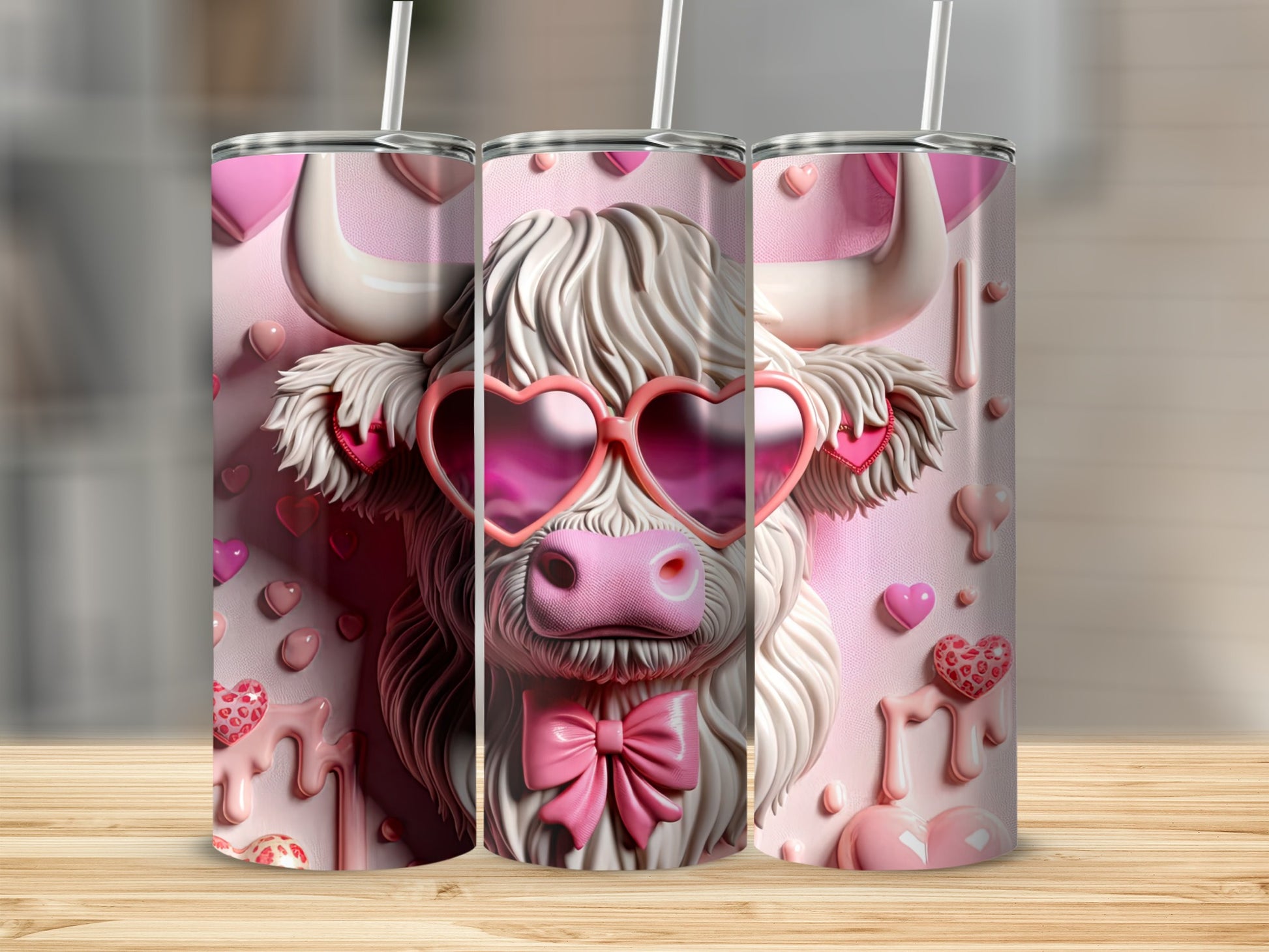 Pink cow with heart sunglasses and bow, surrounded by hearts.
