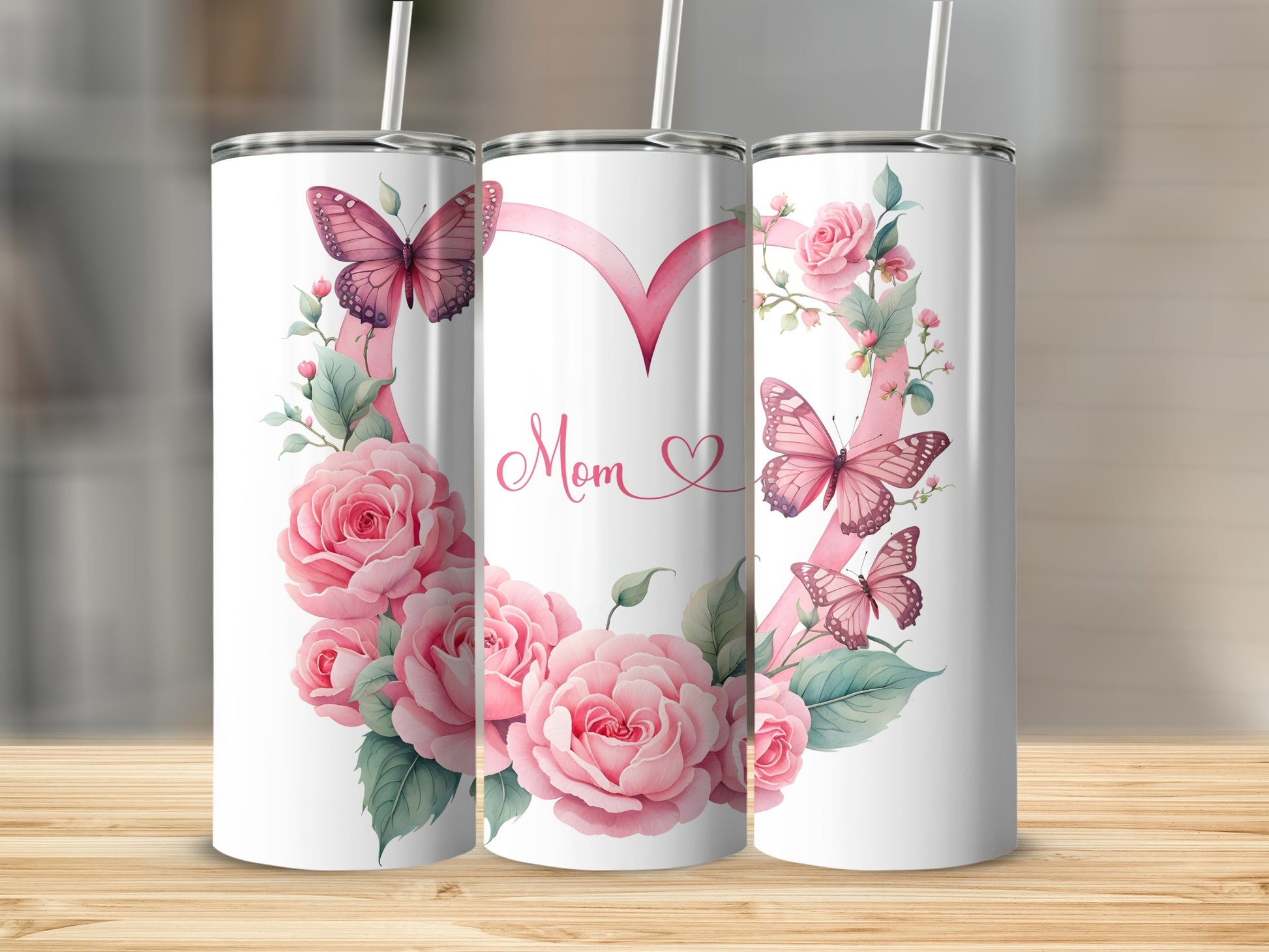 Pink roses and butterflies adorn heart-shaped design with "Mom" text.