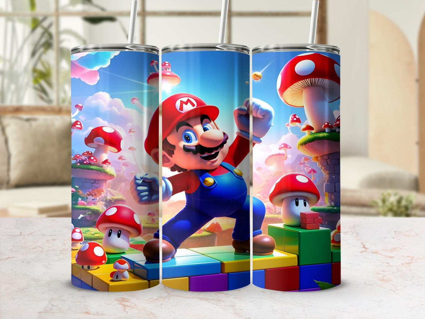Super Mario jumping on colorful blocks in a mushroom landscape.