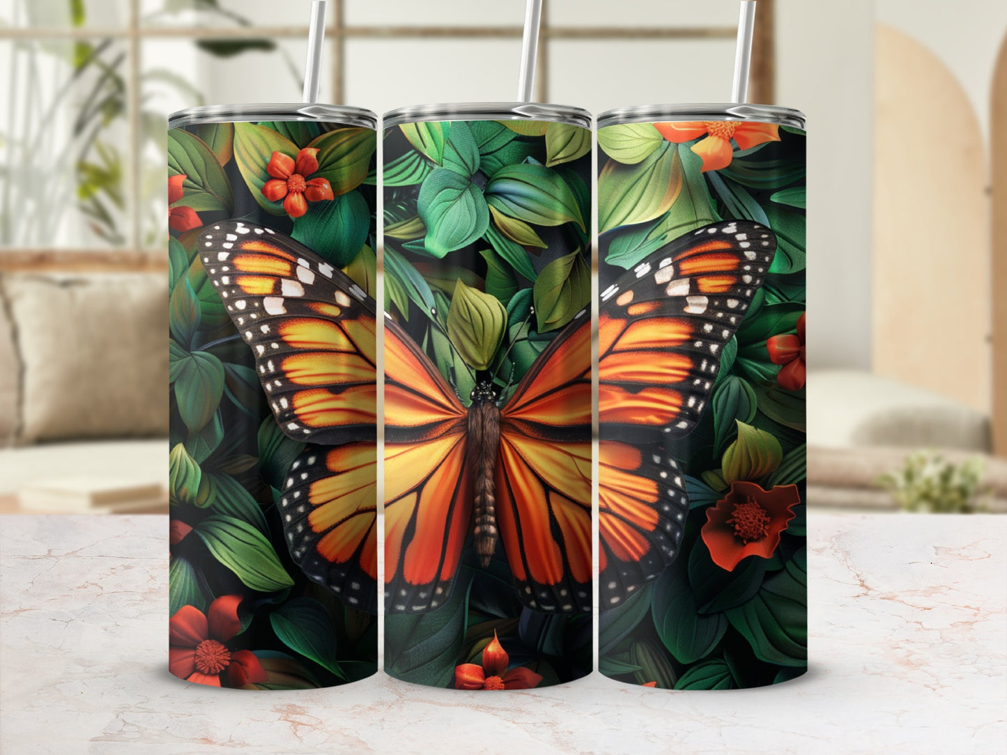 Orange monarch butterfly among green leaves and red flowers on tumblers.