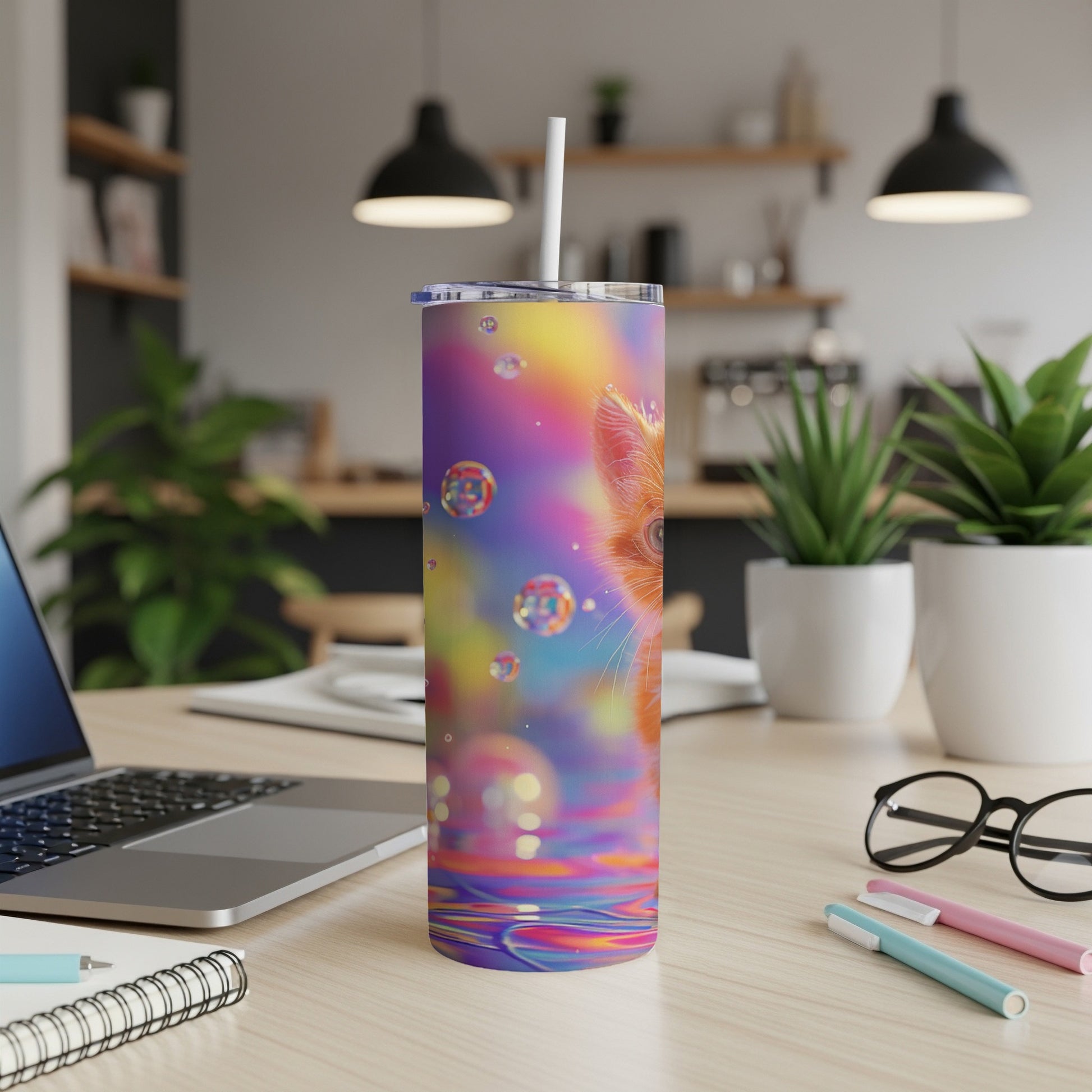 Colorful tumbler with a cat's eye and bubbles on a desk.