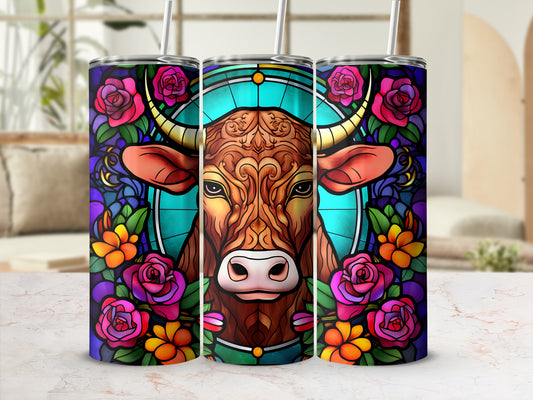 Cow head and floral stained glass design on three tumblers.
