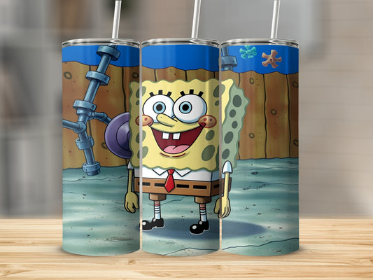 SpongeBob SquarePants cartoon character smiling in Krusty Krab restaurant.