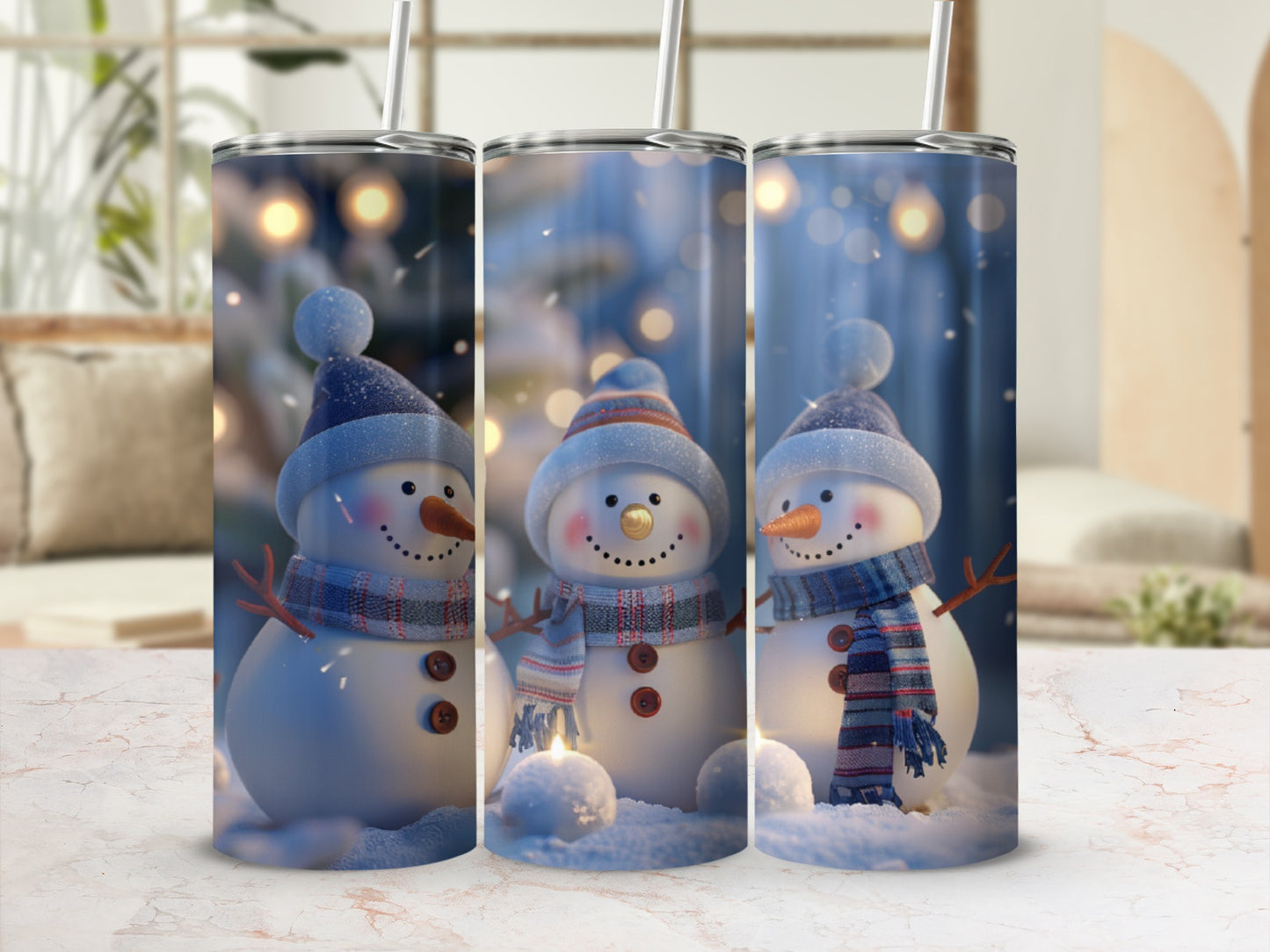 Three snowmen in hats and scarves, with candles in the snow.