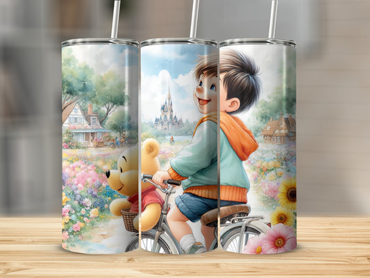 Boy with Pooh Riding Bike near Castle Watercolor Style Tumblers