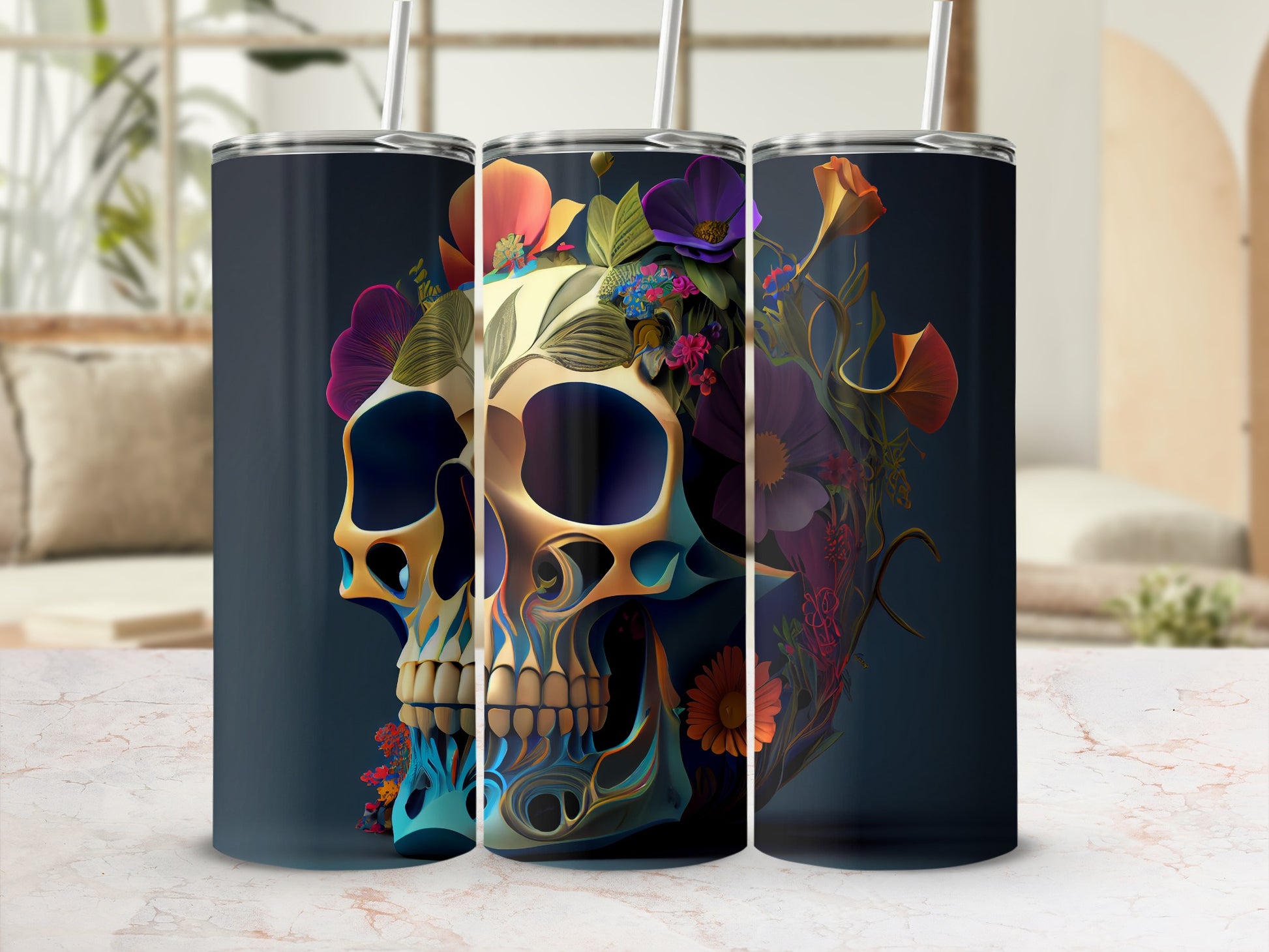Colorful Floral Skull Design Travel Mug
