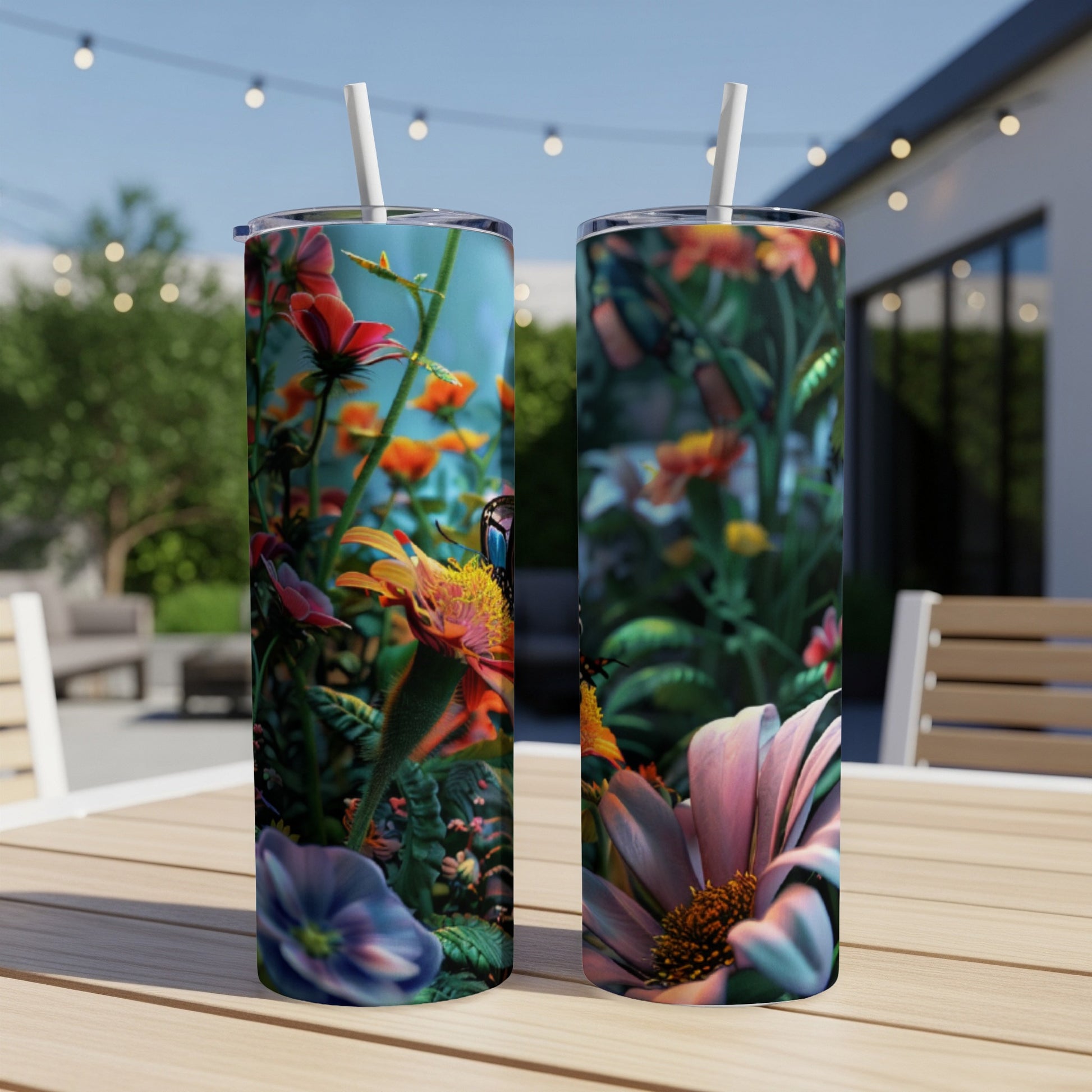 Two tumblers with floral and butterfly designs on a wooden table outdoors.