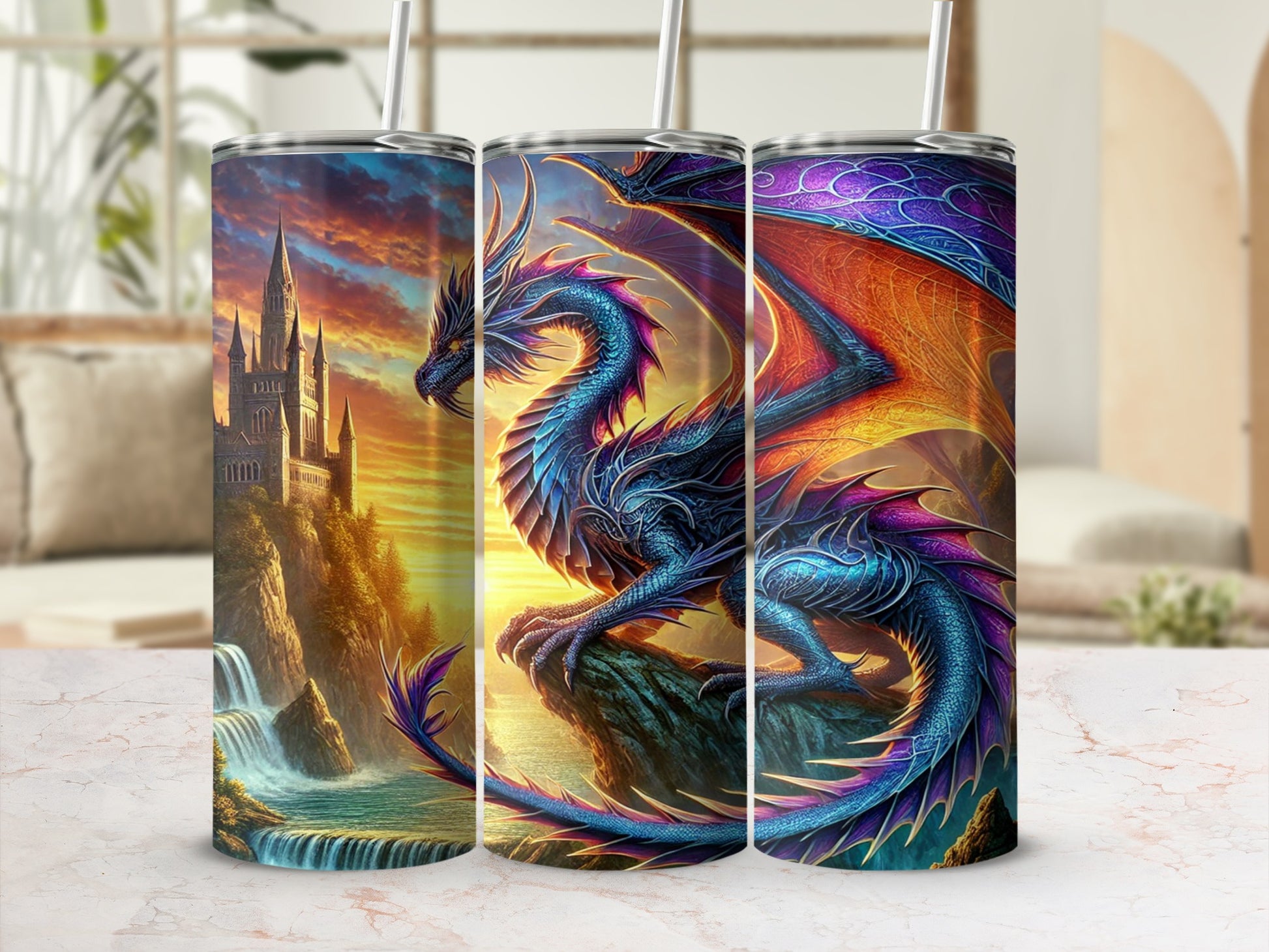 Enchanting Dragon Detailed Castle Artwork Tumbler