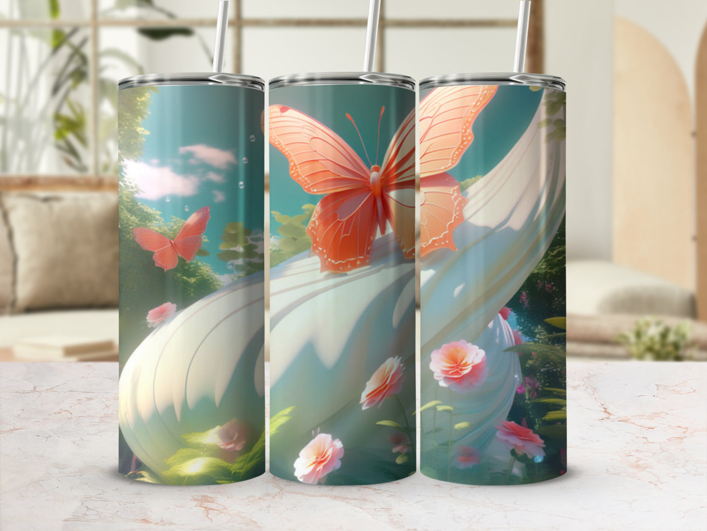 Three tumblers with pastel butterfly and floral designs.