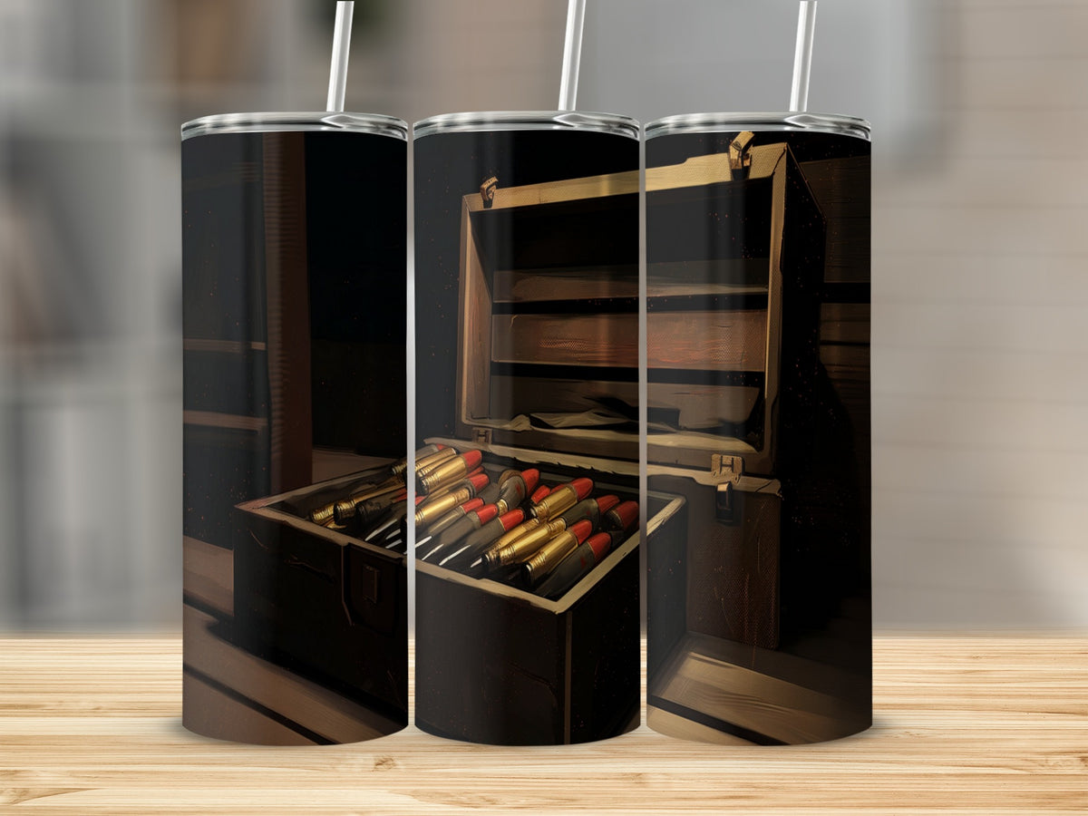 Three tumblers displaying a vintage ammunition box filled with bullets.