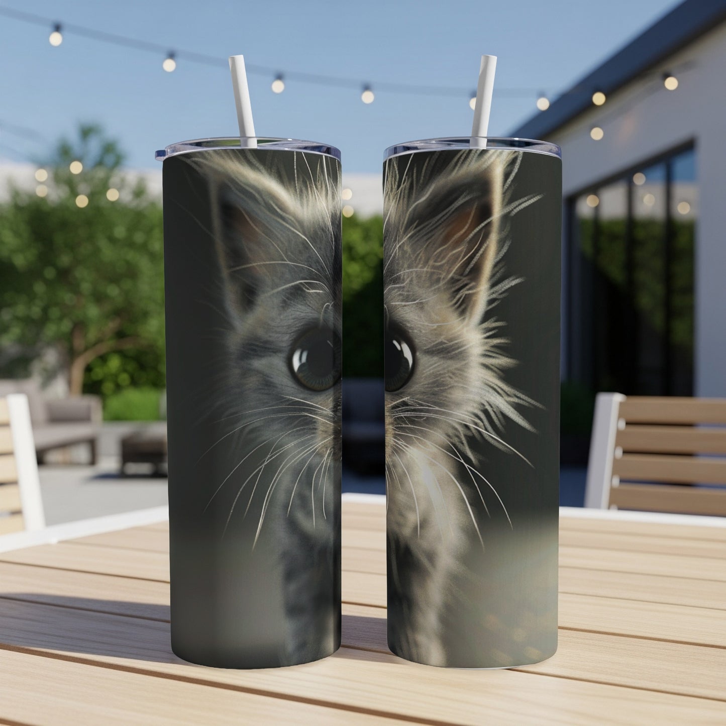 Two tumblers featuring a close-up of a fluffy grey kitten's face.