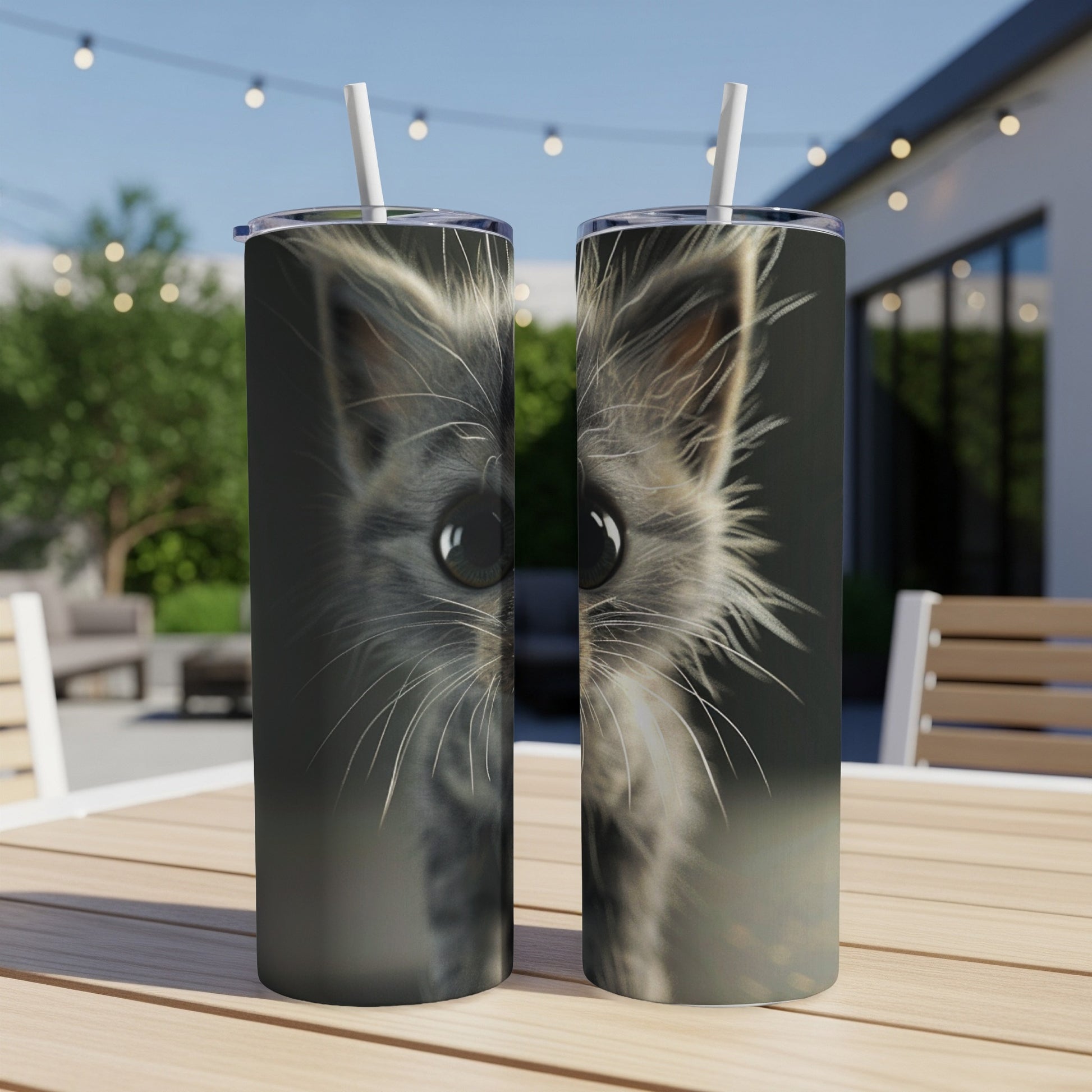 Two tumblers featuring a close-up of a fluffy grey kitten's face.