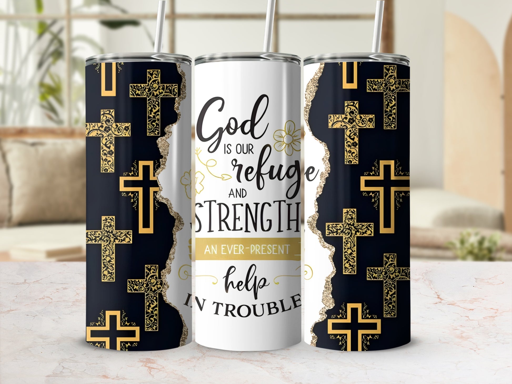 Tumbler with "God is our refuge and strength" text and gold crosses on black background.
