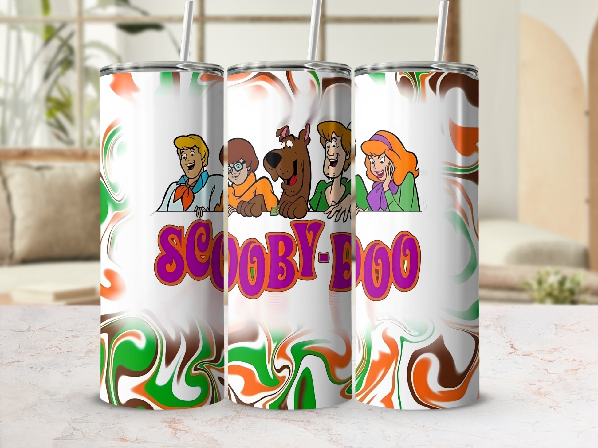 Scooby-Doo characters on a white tumbler with colorful swirling abstract pattern.