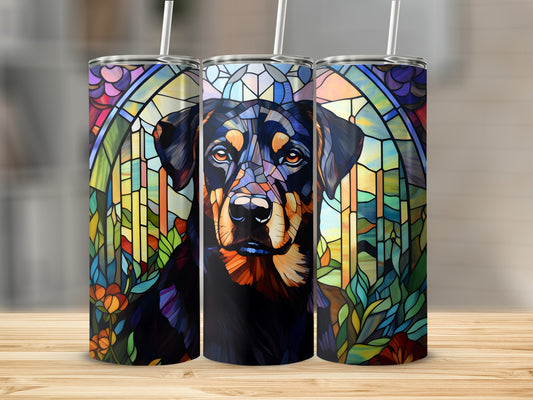 Stained glass Rottweiler portrait on a tumbler.