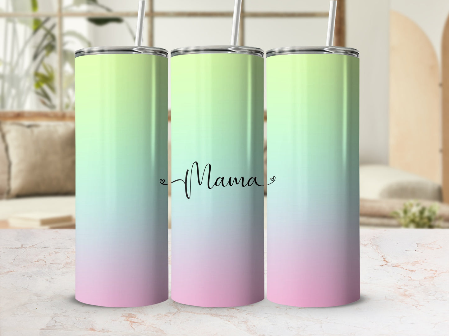 Gradient tumbler with "Mama" text.