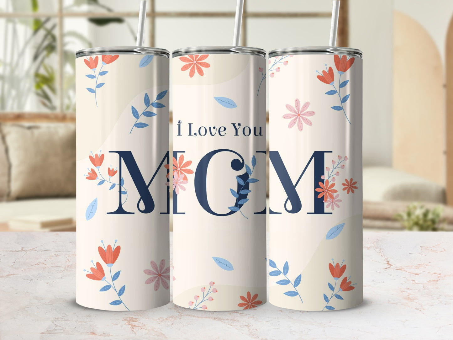 I Love You Mom Floral Design Tumbler for Mother's Day