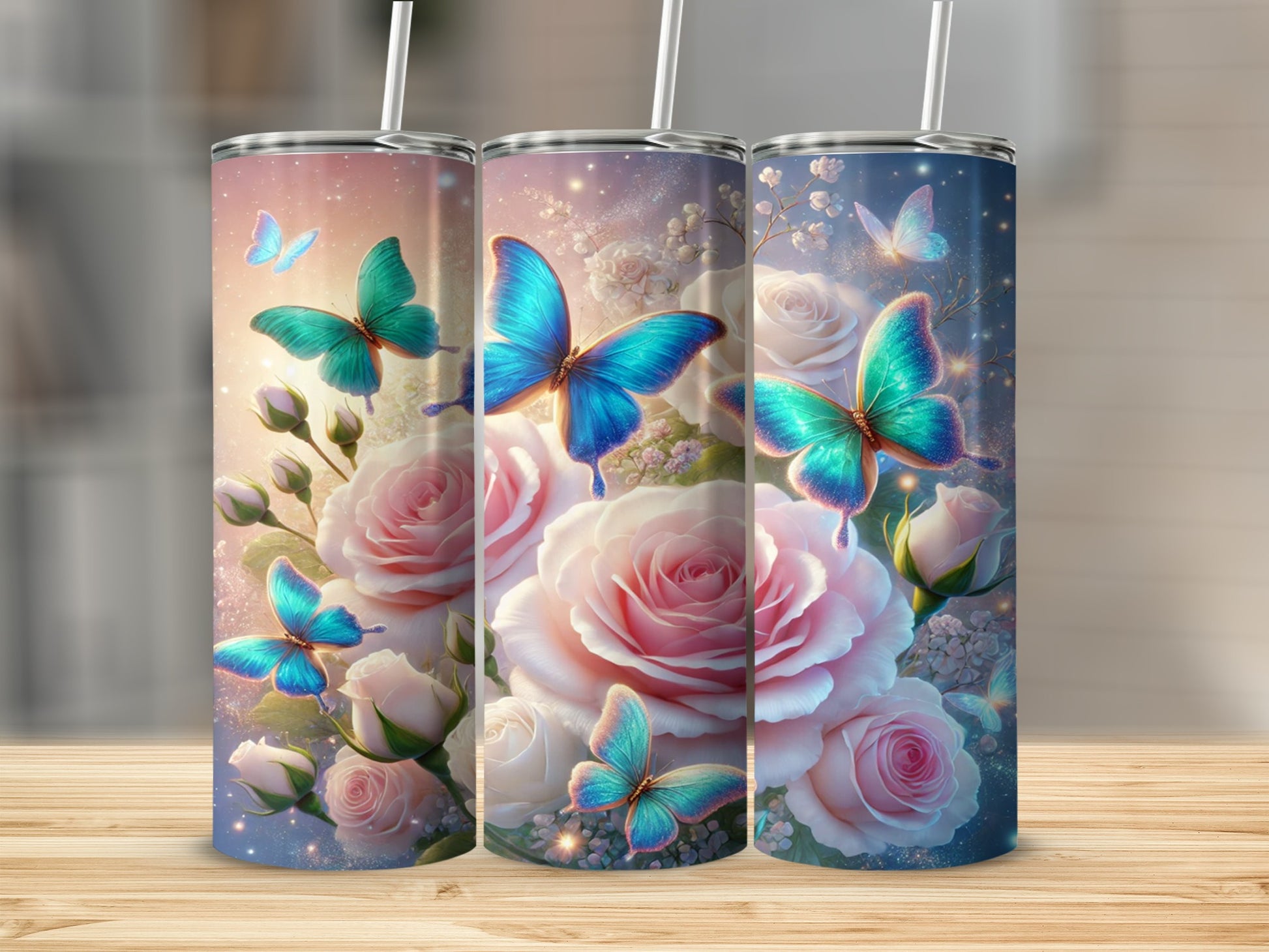 Blue Butterfly and Pink Rose Artwork on Tumbler Cup
