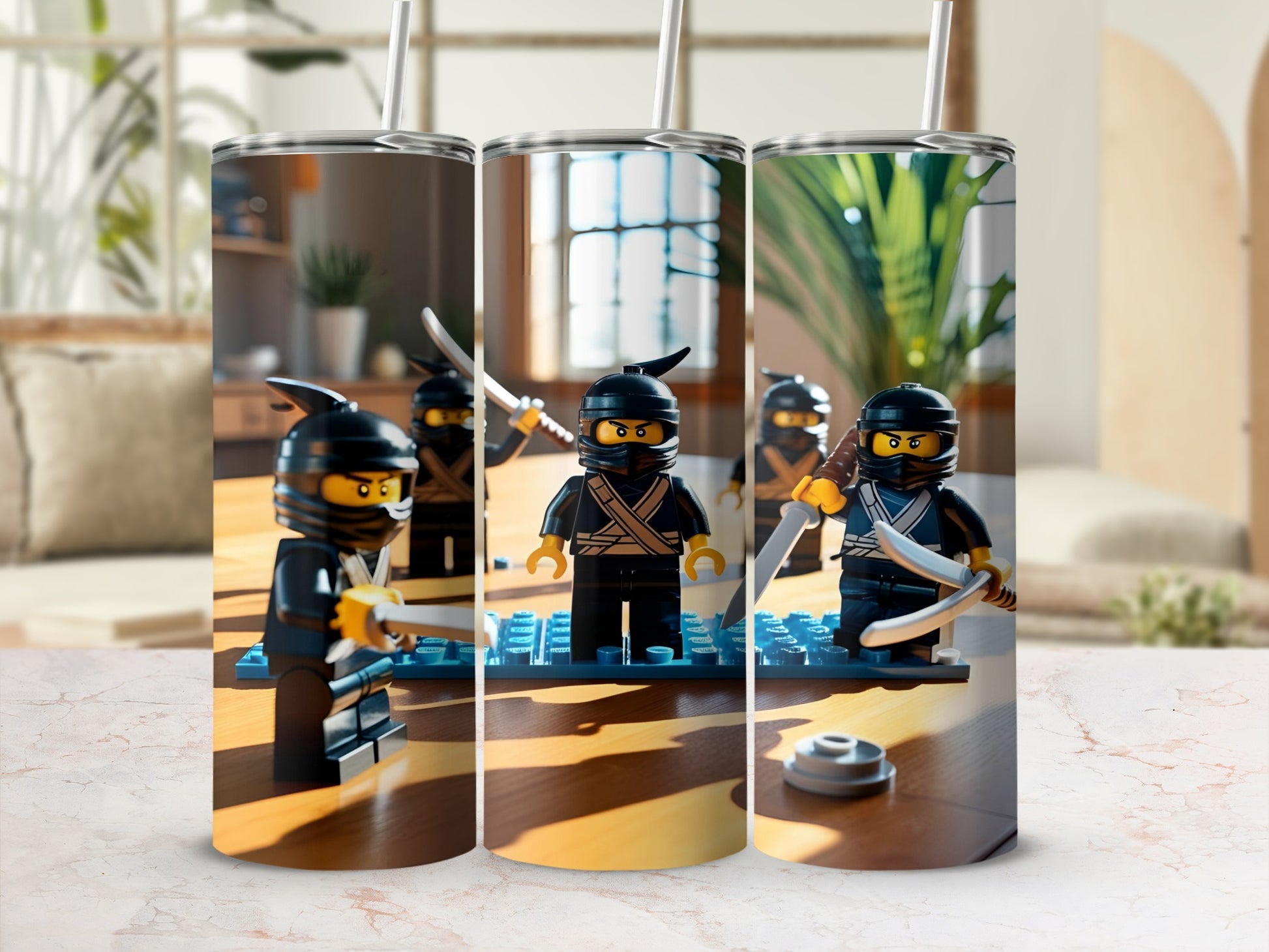 Three LEGO ninjas with swords stand ready for action.