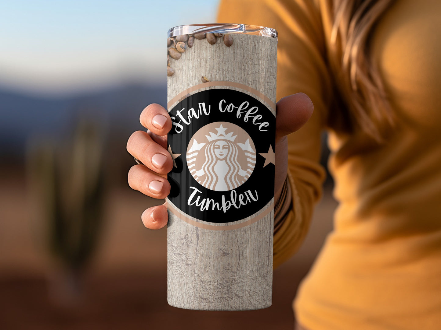 Star Coffee Tumbler with Wood Grain Effect