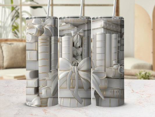 Stack of white books tied with gold ribbon, displayed as tumblers.