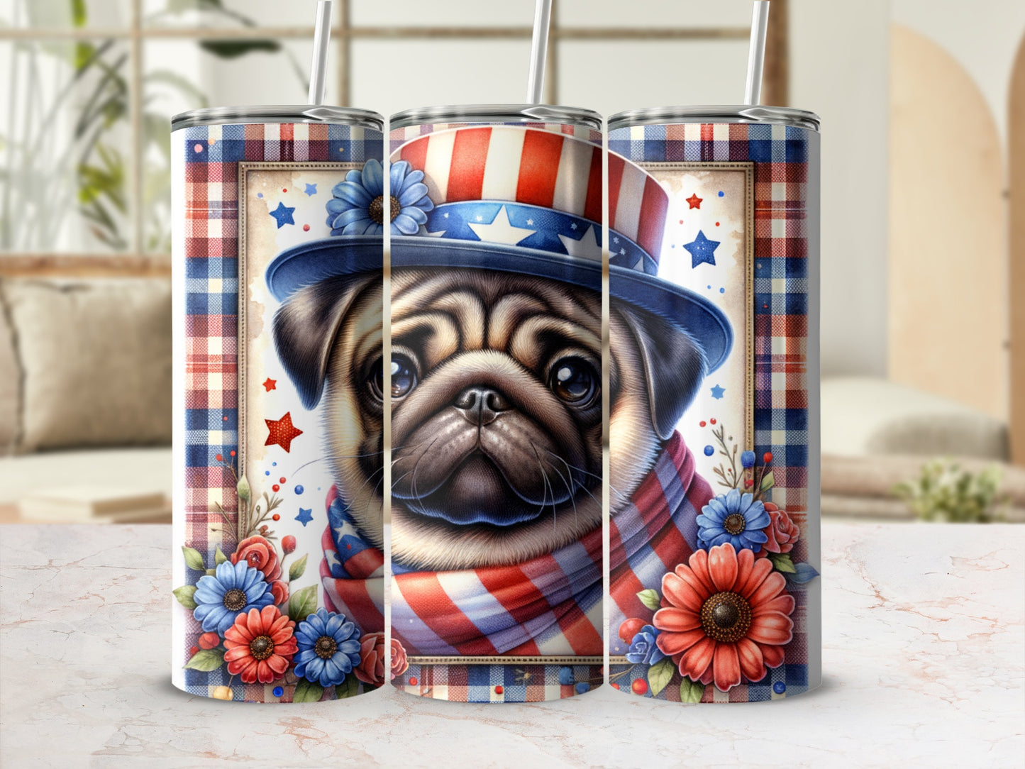 Pug wearing a patriotic hat and scarf, surrounded by flowers.