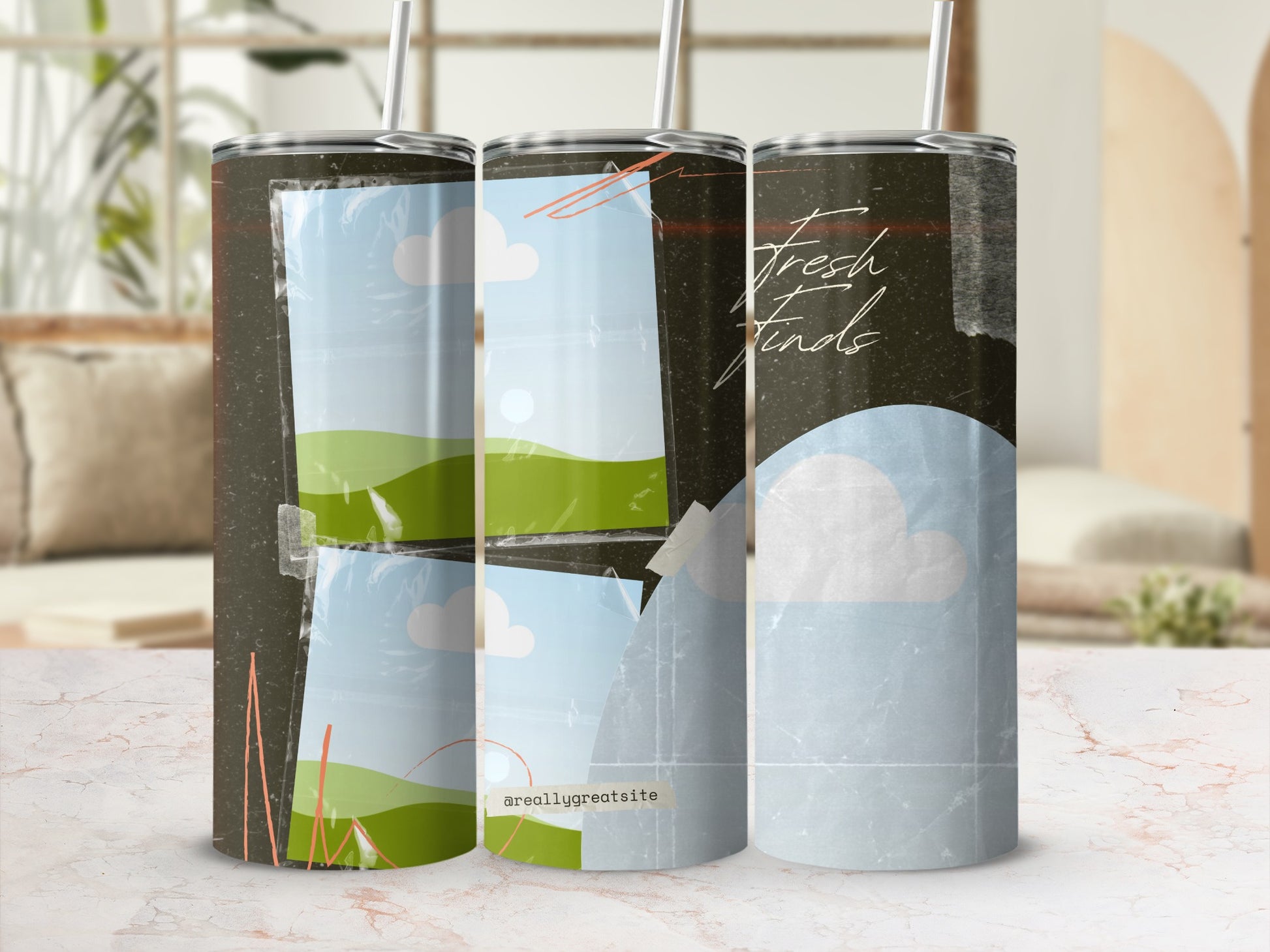 Three tumblers with landscape photo collage and "Fresh Finds" text.