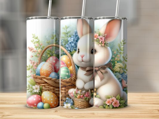 Easter bunny with basket of colorful eggs and spring flowers.