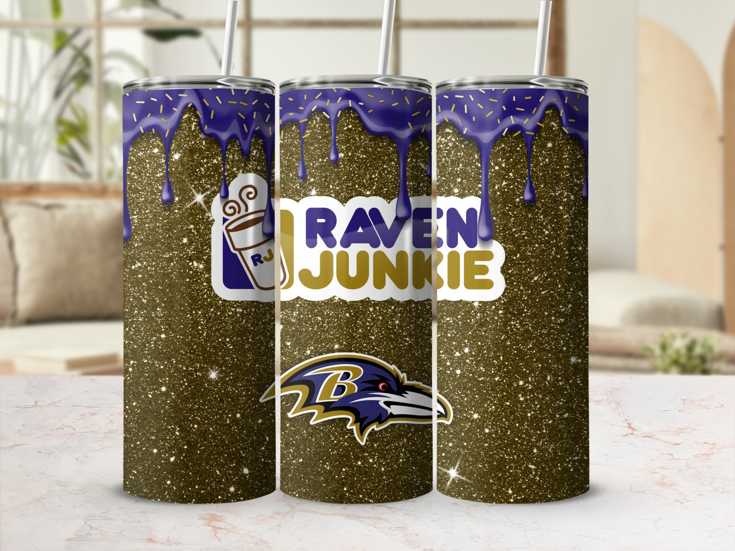 Purple and Gold Raven Junkie Glitter Tumbler