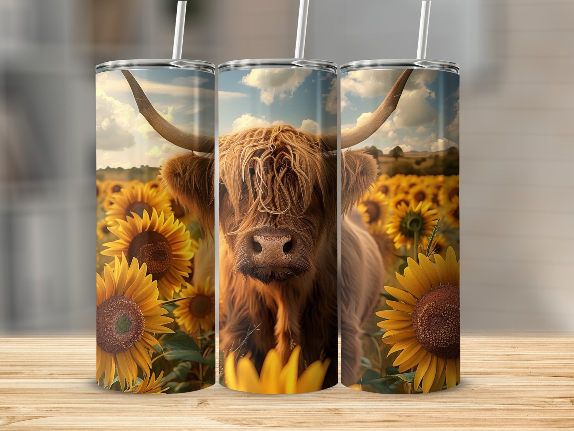 Highland cow in sunflower field on a 20oz skinny tumbler.