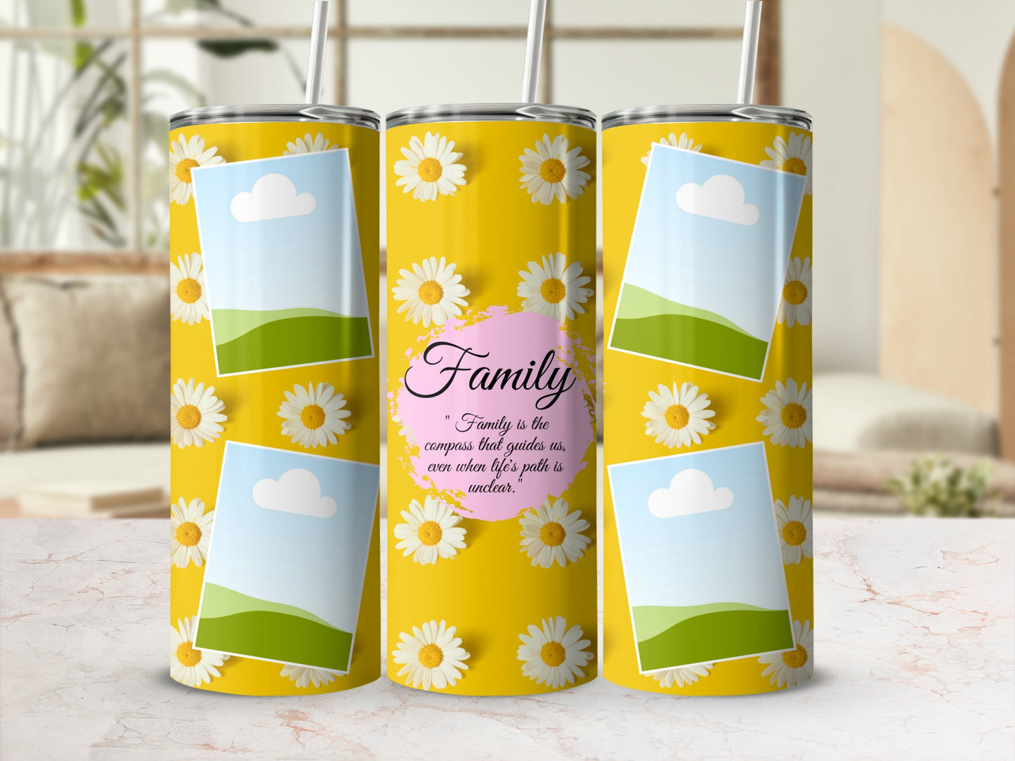 Yellow tumbler with daisies, photo placeholders, and "Family" quote.