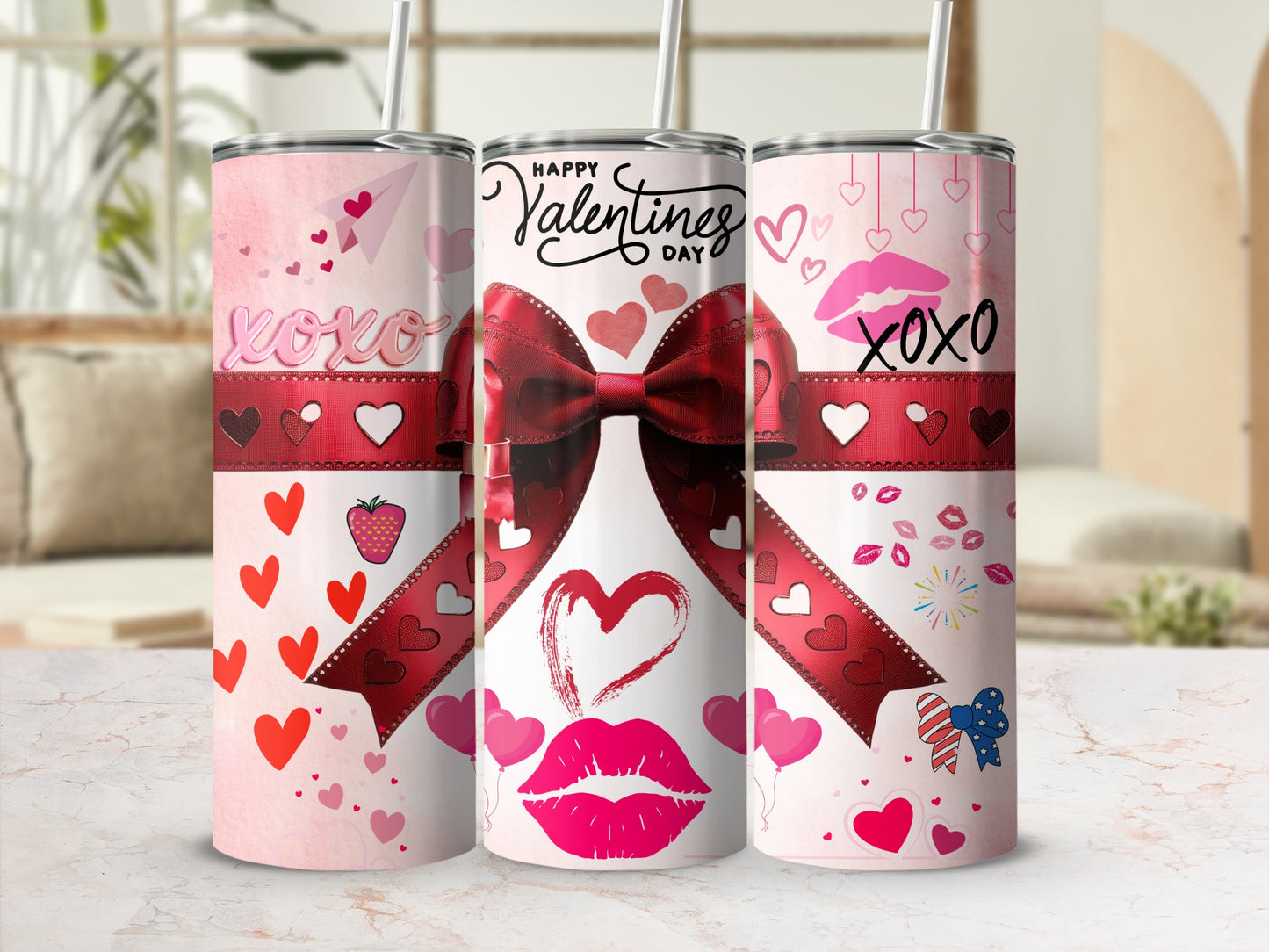 Valentine's Day Gift Tumbler with Hearts and Ribbon