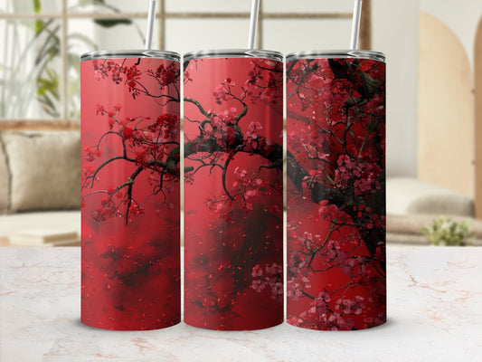 Red cherry blossoms on dark branches, three tumblers displayed.