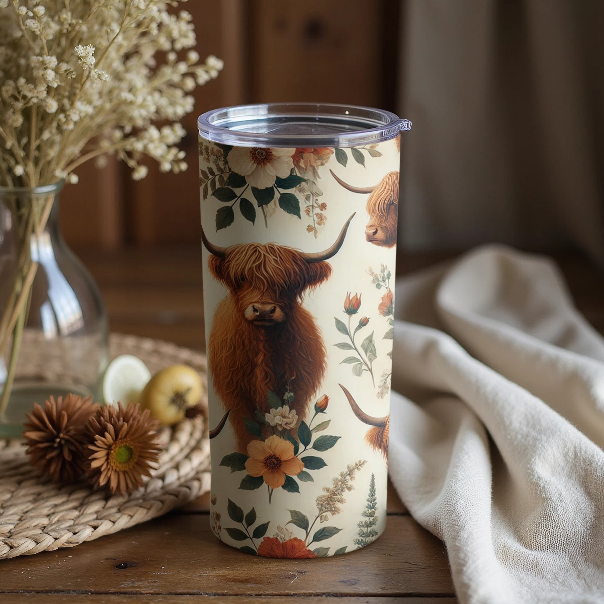 Highland Cow Flower Pattern Insulated Travel Tumbler