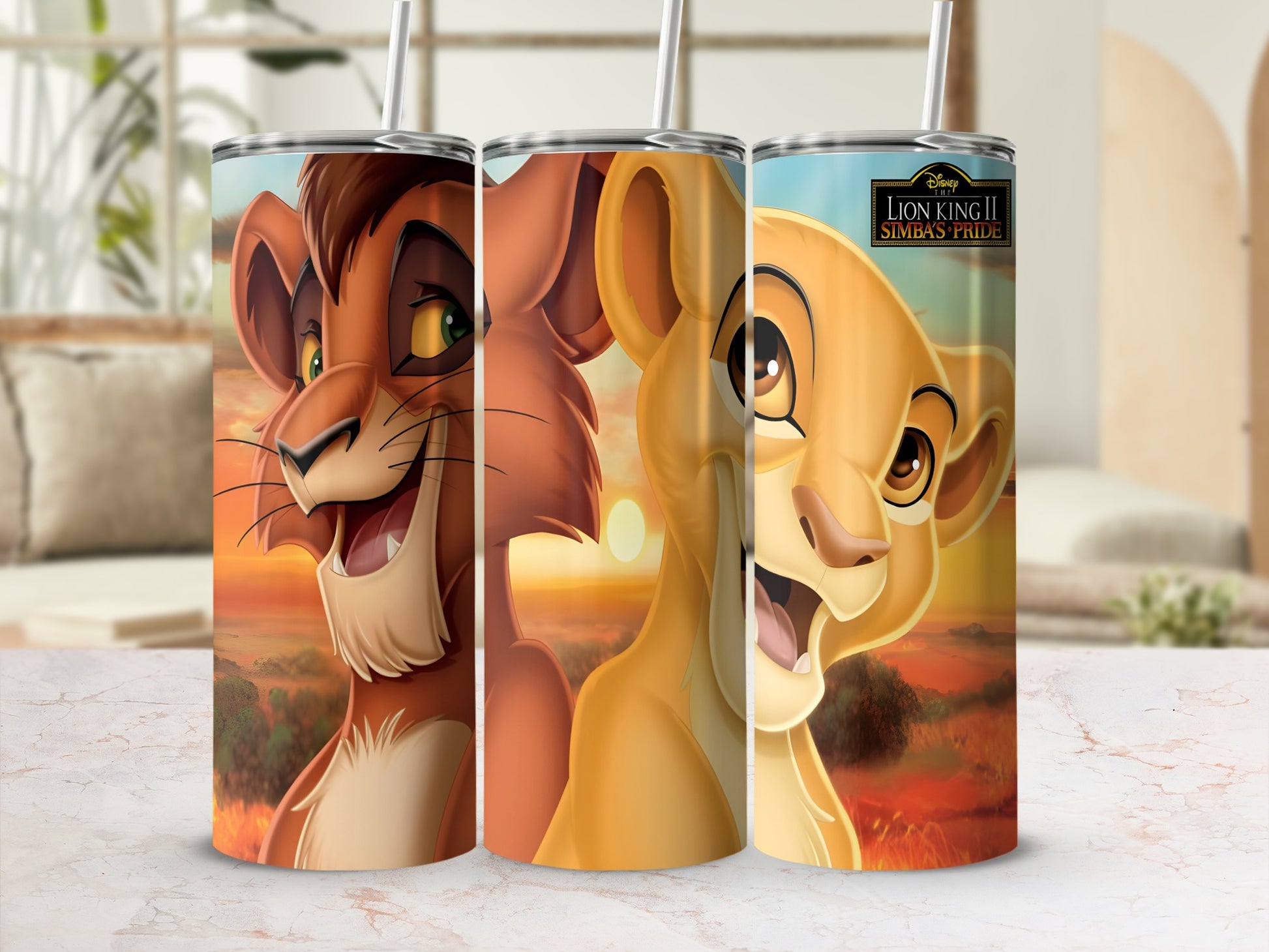Scar and Kiara from Lion King II: Simba's Pride on patterned tumblers.