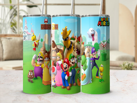 Super Mario characters, including Mario and Luigi, on a thermos.